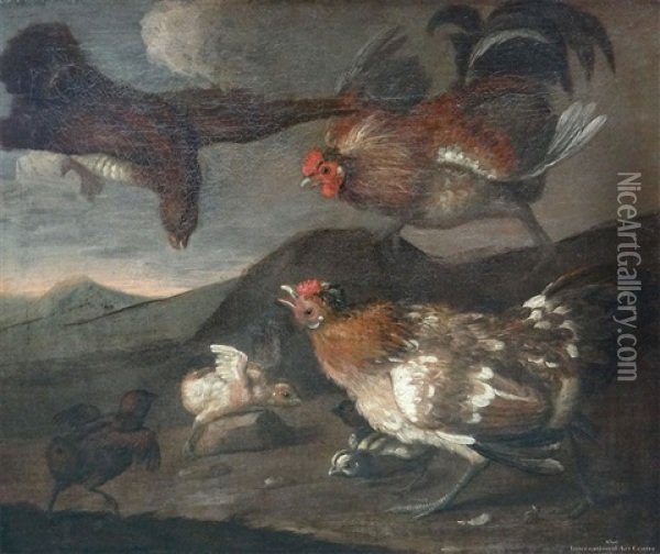 Poultry In A Landscape Oil Painting - Melchior de Hondecoeter