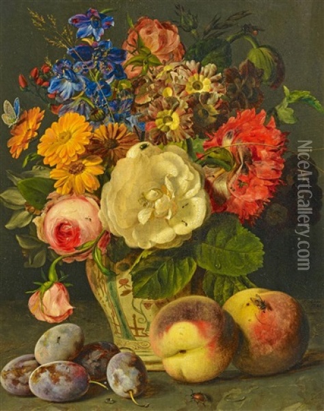 Stillleben Mit Einem Strauss Blumen Und Obst Oil Painting - Ferdinand Kuess