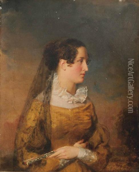 Portrait Of A Lady With A Mantilla And A Fan Oil Painting - John Hamilton Mortimer