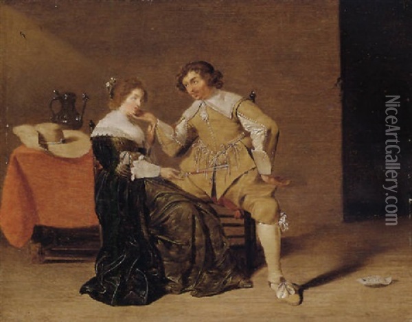 An Elegant Couple Flirting In An Interior Oil Painting - Jan Olis