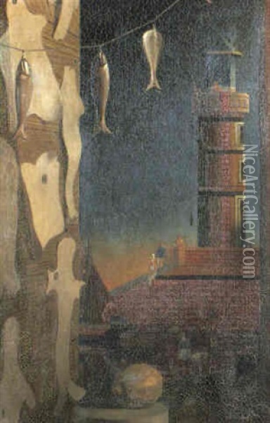 Composition Surrealiste, Avec Phare Et Poissons Suspendus Oil Painting - Pierre Roy