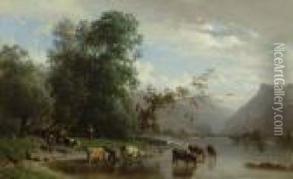 Cows At Brienzersee. Oil Painting - Karl Girardet