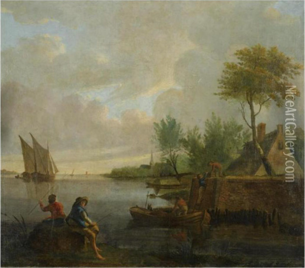 A River Landscape With Fishermen
 Loading Their Ware Onto A Boat,two Fishermen In The Front Oil Painting - Jacob Van Stry