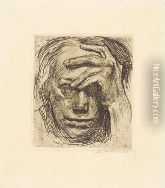 Selbstbildnis Mit Der Hand An 
Der Stirn; And An Der Kirchenmauer (klipstein 106 Iv.a; And 19 Vi.a) Oil Painting - Kathe Kollwitz