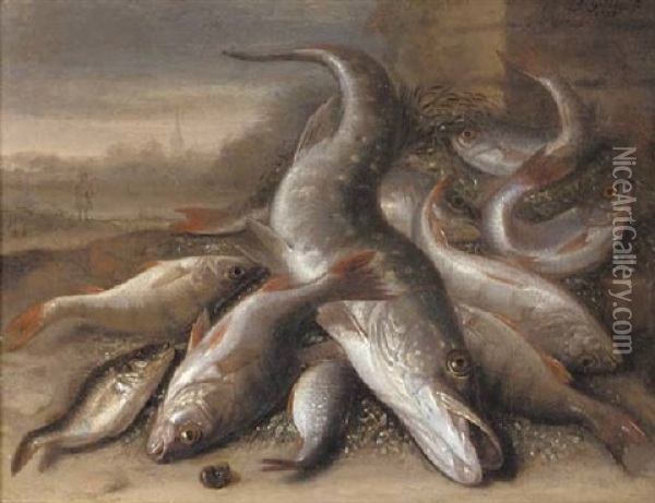 A Pike, Perch And Other Fish On A Bank, A Figure And Church Tower Beyond Oil Painting - Jakob Gillig