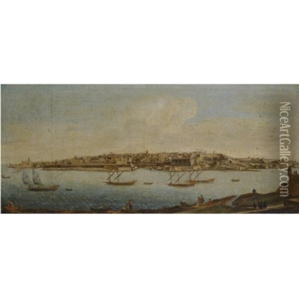 Malta, A View Of Valetta From Marsamxett Harbour Oil Painting - Alberto Pullicino
