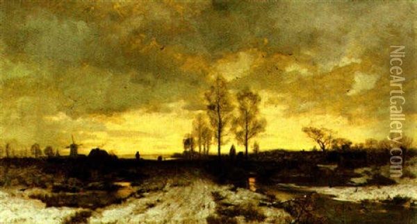 Figures In A Winter Landscape Oil Painting - Ludwig Lanckow