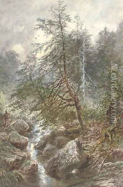 An angler by a waterfall Oil Painting - William Henry Pike