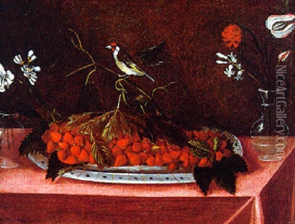 A Still Life With Strawberries, Flowers And A Bird Oil Painting - Blas de Ledesma Prado