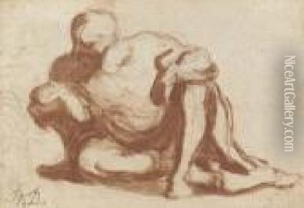 Etude D'un Homme Accroupi Oil Painting - Honore Daumier