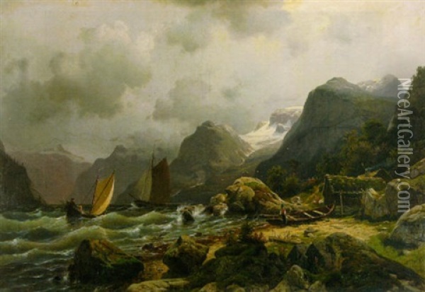 Norwegische Fjordlandschaft Bei Sturm Oil Painting - Johannes Bartholomaeus Duntze