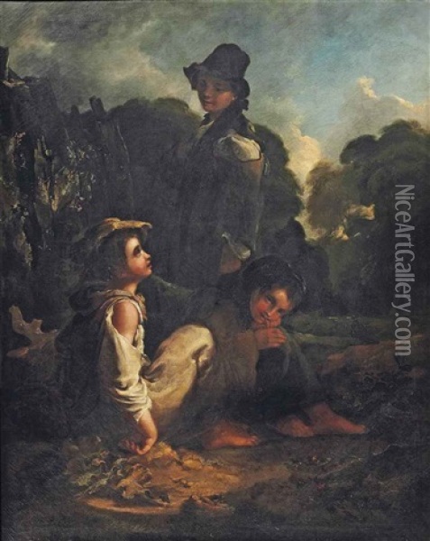 Three Children Resting By A Tree Trunk In A Wooded Landscape Oil Painting - Thomas Barker