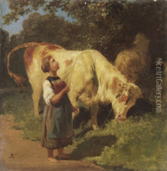Madchen Mit Kuh Auf Dem Weg Oil Painting - Johann Rudolf Koller