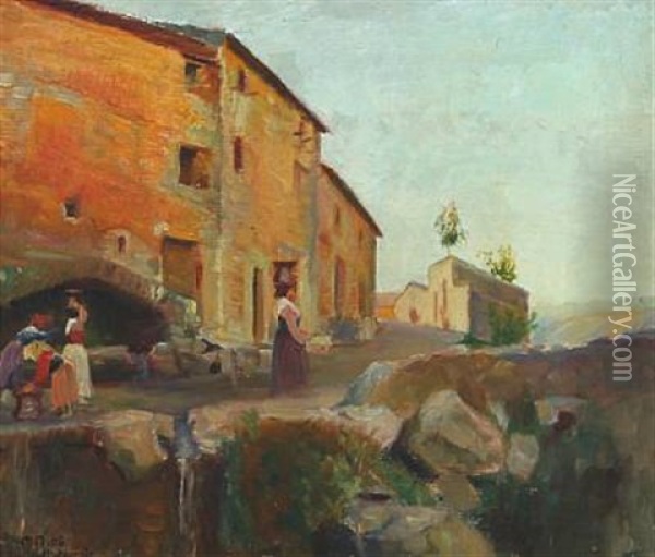 Scenery From Anticoli Corrado With Women Working Oil Painting - Max Nathan