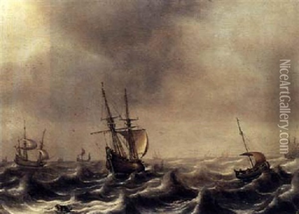 A Flute And Other Ships In Stormy Water Oil Painting - Cornelis Leonardsz Stooter