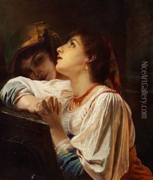 An Italian Woman Praying, Her Friend Is Watching Oil Painting - Elisabeth Anna Maria Jerichau-Baumann