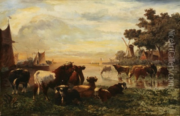 Dutch Estuary Scene With Cows Watering At Sunset Oil Painting - Louis Coignard