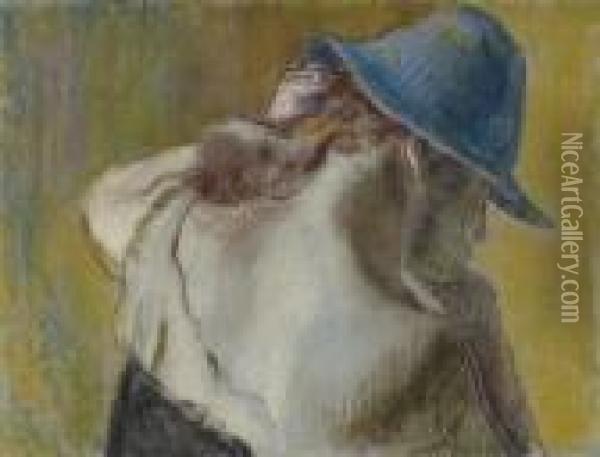 Femme Au Chapeau Bleu (buste) Oil Painting - Edgar Degas