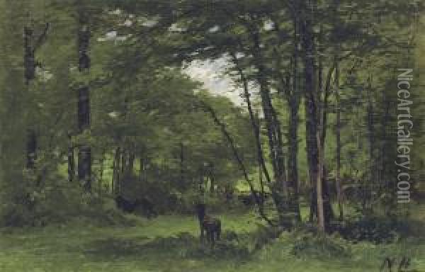 The Boundary Fence, Forest Of Fontainbleau Oil Painting - Nathaniel R.H.A. Hone Ii,