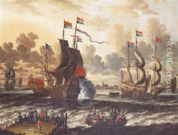 Warships Off The Dutch Coast Oil Painting - Abraham Jansz. Storck