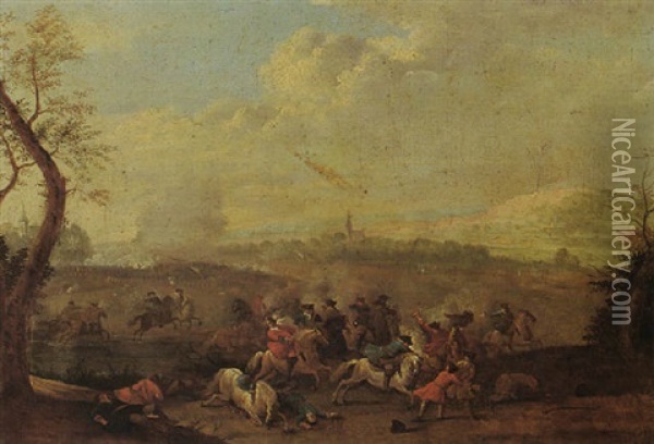 A Cavalry Battle Scene With A Village Beyond Oil Painting - Karel Breydel
