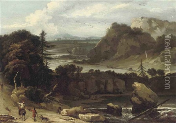 A Wooded River Landscape With A Hunting Party Oil Painting - Allaert van Everdingen