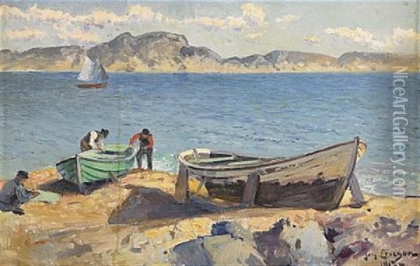 Strandparti Med Fiskare Och Uppdragna Batar - Motiv Fran Karlshamn Oil Painting - Johan Ericson