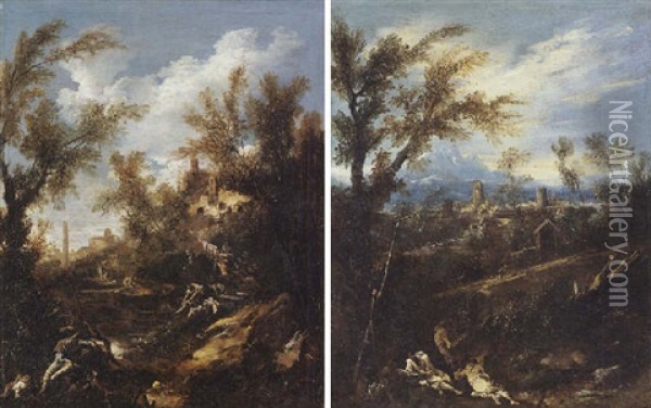 A Rocky Wooded Lamdscape With Washerwomen And Other Figures Near A Stream, A Village Beyond Oil Painting - Alessandro Magnasco