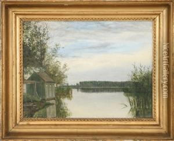 C. F. Aagaard: Scenery From A Lake. Signed C.f. Aaagard Oil Painting - Carl Frederick Aagaard