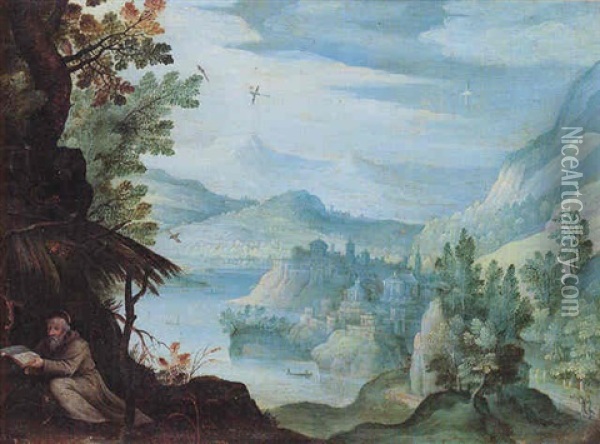 A Hermit Saint In A River Landscape, A Town In The Distance Oil Painting - Paul Bril