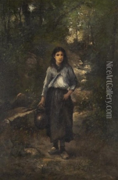 Fetching Water From A Forest Stream Oil Painting - Leon Richet