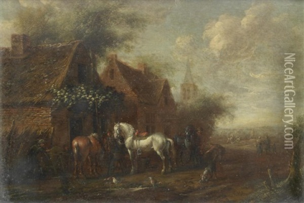 A Stag Hunt; And A Village With Horsemen Before A Blacksmith's (2) Oil Painting - Cornelisz van Essen