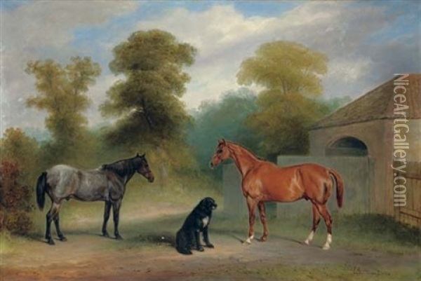 A Chestnut Hunter With A Roan Pony And Dog Before A Stable Oil Painting - Claude Lorraine Ferneley