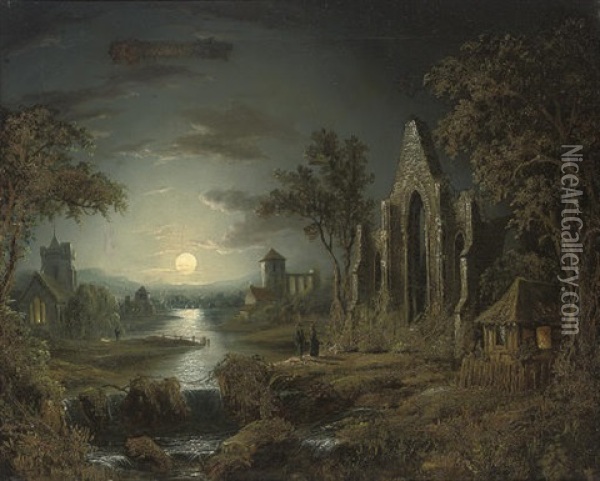 A Moonlit Wooded River Landscape With Figures And A Ruined Church In The Foreground, A Village Beyond Oil Painting - Sebastian Pether