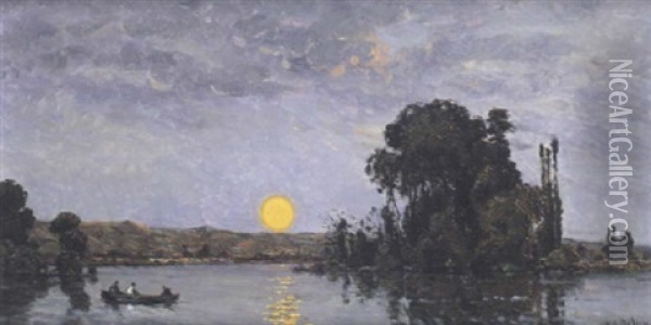 Sur La Riviere, Soleil Couchant Oil Painting - Hippolyte Camille Delpy