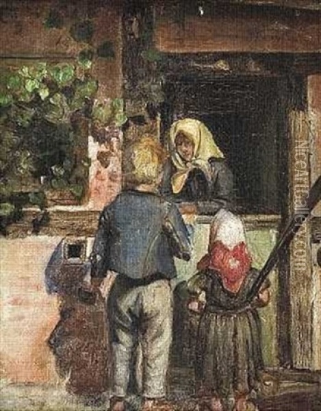 To Born I Samtale Med En Kone Ved En Halvdor Oil Painting - Anna Kirstine Ancher