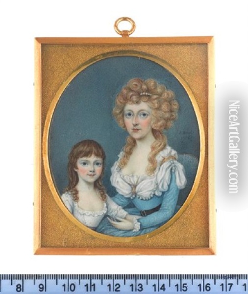 A Mother And Daughter, The Former Seated And Wearing, Blue Dress, Black Belt With Gem Set Buckle, White Fichu Dressed With Pearls Oil Painting - Sampson Towgood Roch