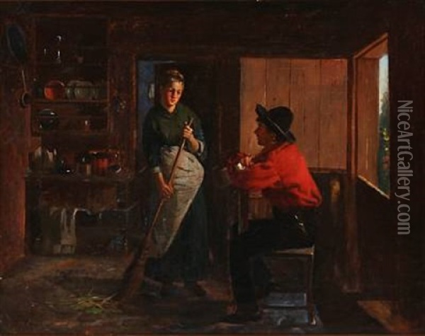 Kitchen Interior With A Flirting Couple Oil Painting - Anders Montan