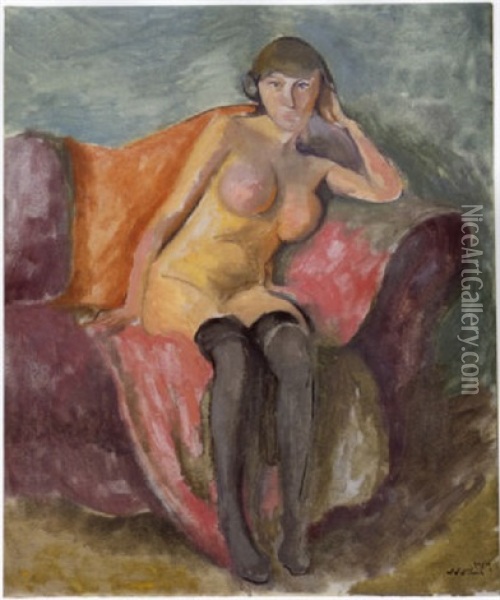 Sitzender Weiblicher Akt Mit Strumpfen Oil Painting - Franz Noelken