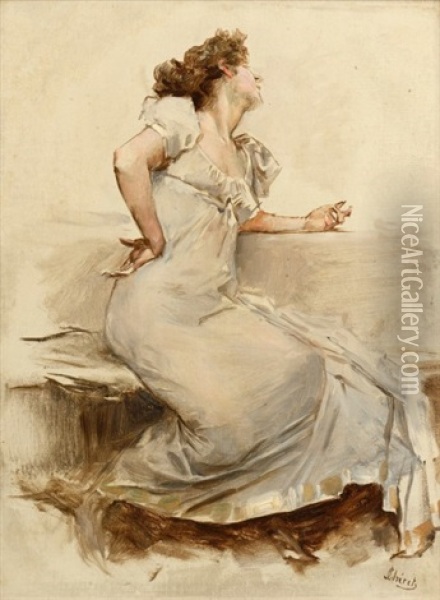 Femme En Robe Blanche Oil Painting - Jules Cheret