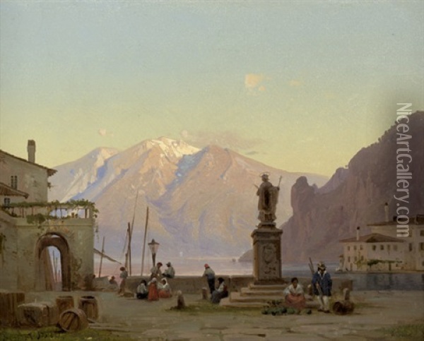 Kleines Fischerdorf Am Lago Di Como Im Abendrot Oil Painting - Frederik Niels Martin Rohde