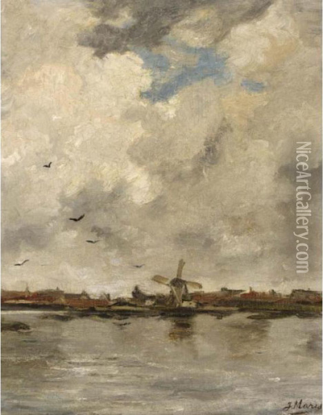 A Windmill In A Polder Landscape Oil Painting - Jacob Henricus Maris