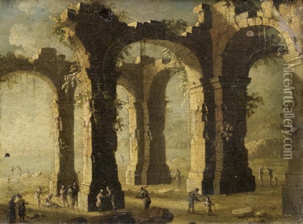 Figures In An Architectural Capriccio Oil Painting - Gennaro Greco