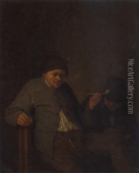 Peasant Figures Smoking And Drinking In A Tavern Interior Oil Painting - Adriaen Jansz van Ostade
