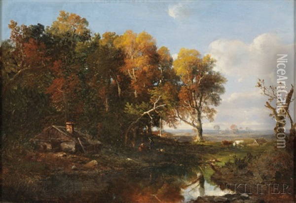 Autumn Landscape With Cows Oil Painting - Regis Francois Gignoux
