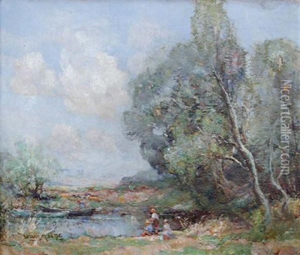 Children On A River Bank Oil Painting - William Watt Milne