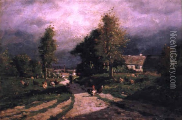 Feldweg Mit Einer H_hnerschar Oil Painting - Charles Emile Jacque