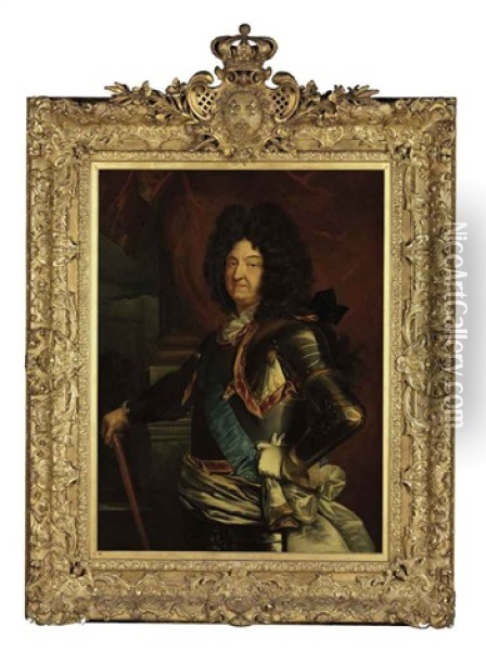 Portrait Of Louis Xiv In A Brown Periwig And Armor With White Sash And Blue Ribbon Of The St. Esprit, Holding A Baton Oil Painting - Hyacinthe Rigaud