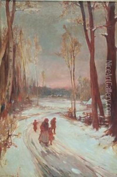 Returning Home On A Snow Covered Path Oil Painting - Charles Ernest Debelle