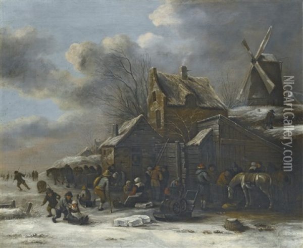 A Winter Landscape With A Frozen River With Skaters And A Horse Before An Inn And A Windmill On A Small Hill To The Right Oil Painting - Nicolaes Molenaer